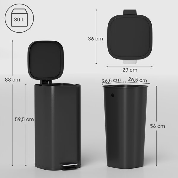 HOMCOM Pattumiera da cucina 30 L a pedale con coperchio ammortizzato e fermo apertura, nero | Aosom Italy