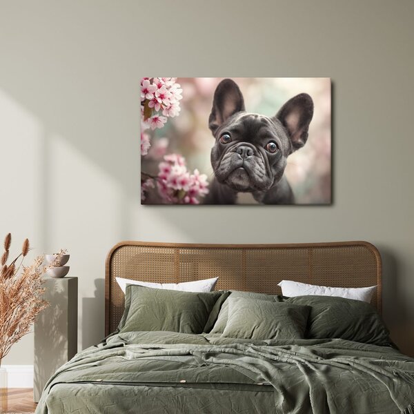 Quadro su tela – Bulldog carino tra i fiori