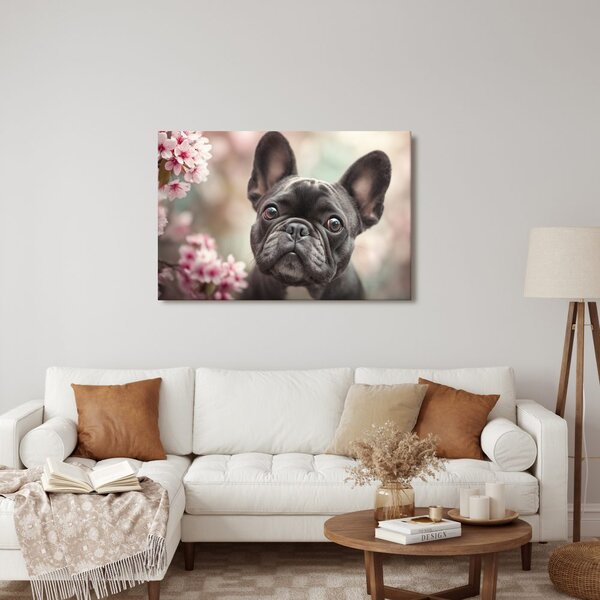Quadro su tela – Bulldog carino tra i fiori