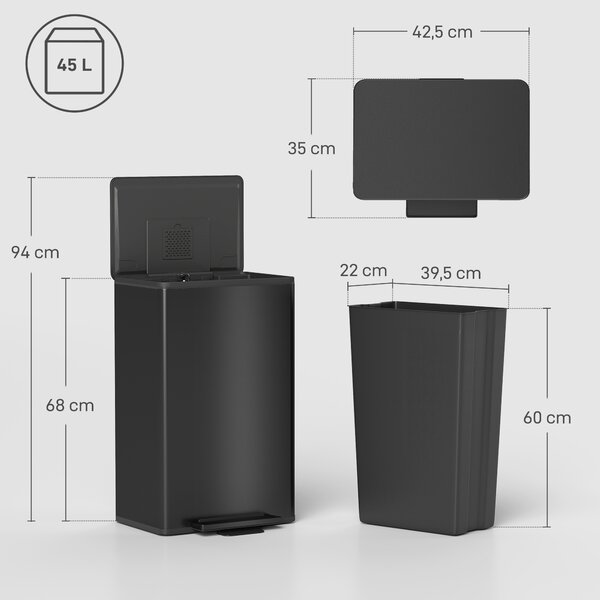 HOMCOM Pattumiera da cucina 45 L a pedale con coperchio soft-close e secchio estraibile, nero | Aosom Italy