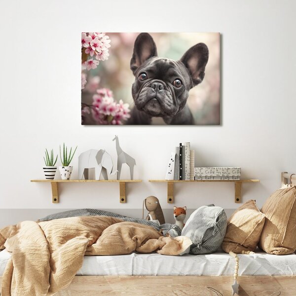 Quadro su tela – Bulldog carino tra i fiori