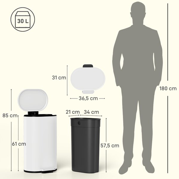 HOMCOM Pattumiera da cucina 30 L a pedale con coperchio soft-close, bianco crema | Aosom Italy