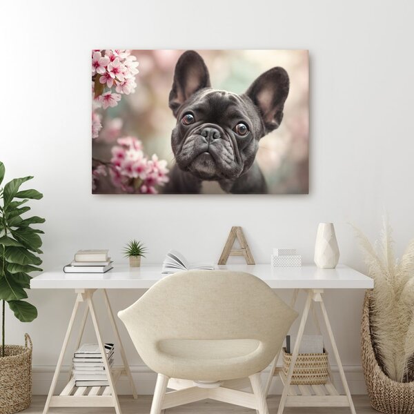 Quadro su tela – Bulldog carino tra i fiori