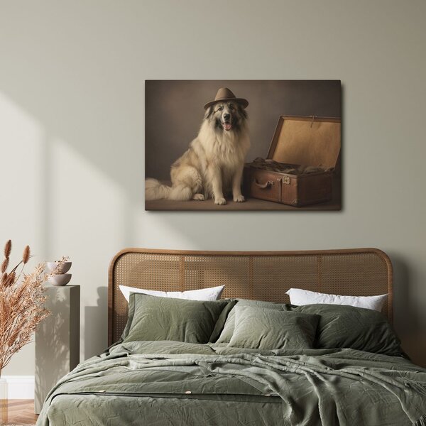Quadro su tela – Cane con cappello e valigia
