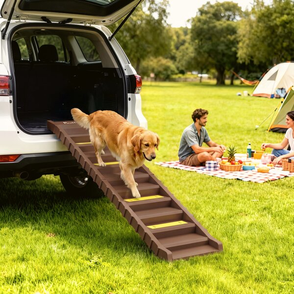 PawHut Rampa pieghevole per cani a 10 gradini con tappetini antiscivolo, marrone | Aosom Italy