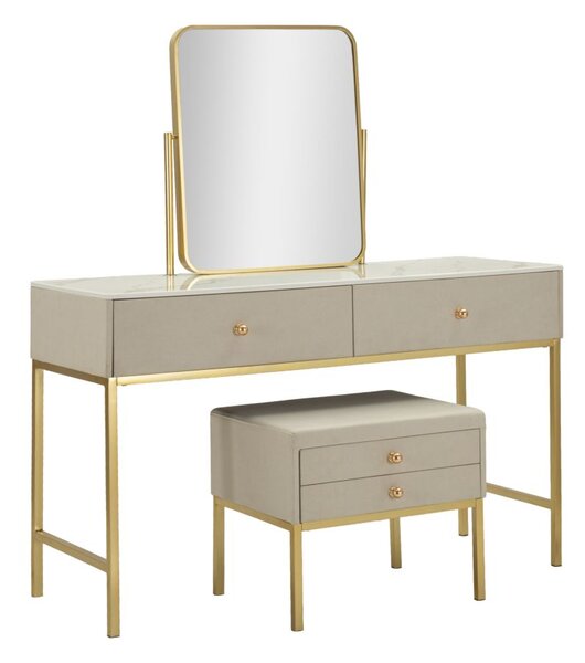 Toeletta Luxury con Specchio e Sgabello 120x45x75 cm in Pino e MDF e Spugna e Specchio e Poliestere e Metallo