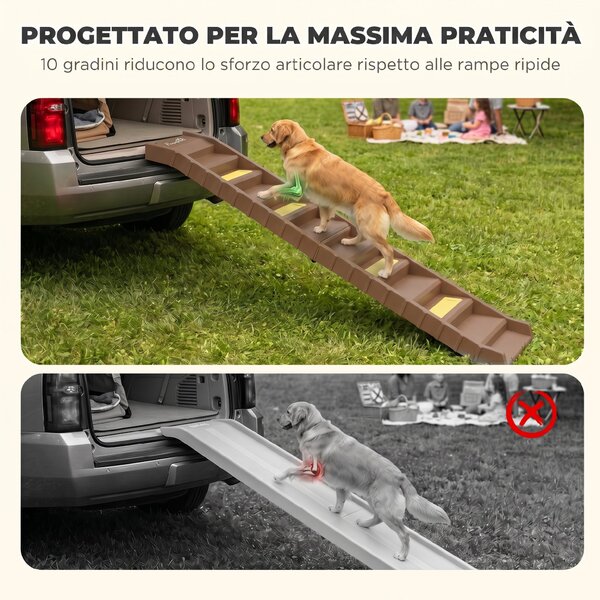 PawHut Rampa pieghevole per cani a 10 gradini con tappetini antiscivolo, marrone | Aosom Italy