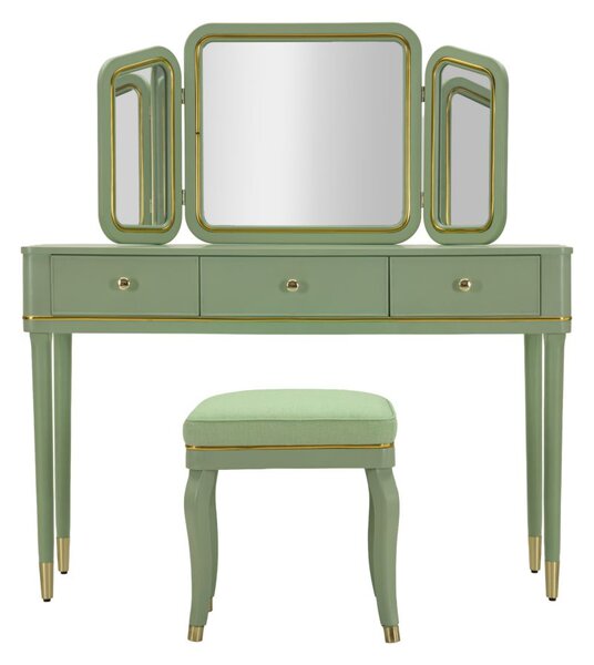 Toeletta Camille con Specchio e Sgabello Verde 120x37x79 cm in Legno di Pino Specchio e Poliestere