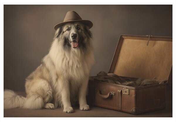 Quadro su tela – Cane con cappello e valigia