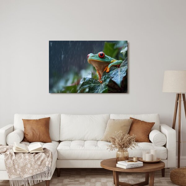 Quadro su tela – Rana sotto la pioggia su foglia