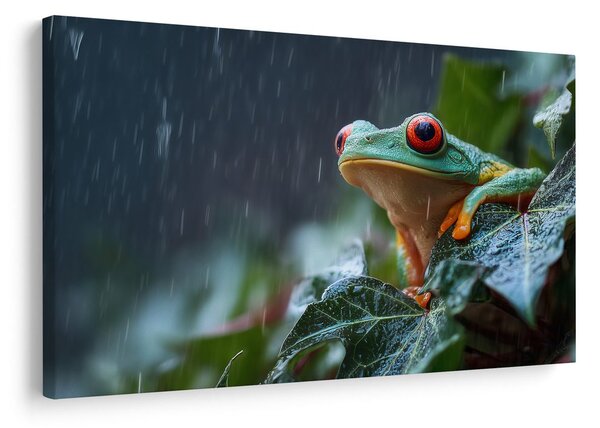 Quadro su tela – Rana sotto la pioggia su foglia