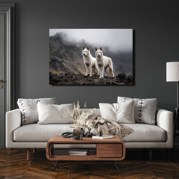 Quadro su tela – Lupi tra le montagne nebbiose