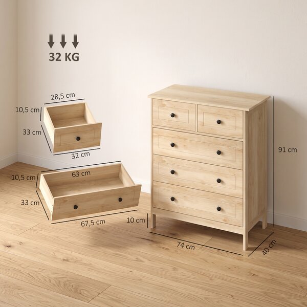HOMCOM Cassettiera contenitore con 5 cassetti e maniglie nere, rovere | Aosom Italy