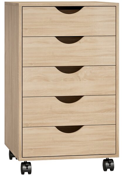 HOMCOM Cassettiera da ufficio su ruote con 5 cassetti, 40x40x67 cm, rovere | Aosom Italy