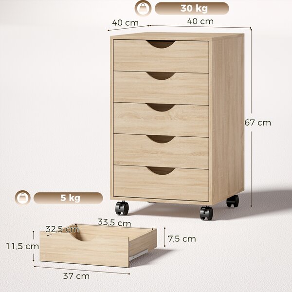 HOMCOM Cassettiera da ufficio su ruote con 5 cassetti, 40x40x67 cm, rovere | Aosom Italy