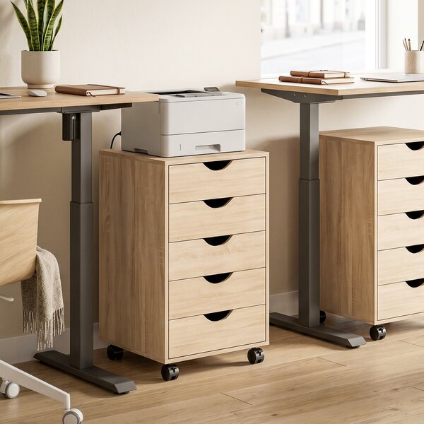 HOMCOM Cassettiera da ufficio su ruote con 5 cassetti, 40x40x67 cm, rovere | Aosom Italy