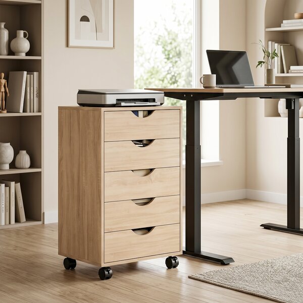 HOMCOM Cassettiera da ufficio su ruote con 5 cassetti, 40x40x67 cm, rovere | Aosom Italy