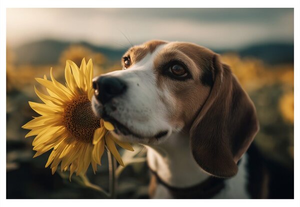 Quadro su tela – Cane e girasoli nel campo