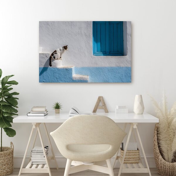 Quadro su tela – Gatto sui gradini blu