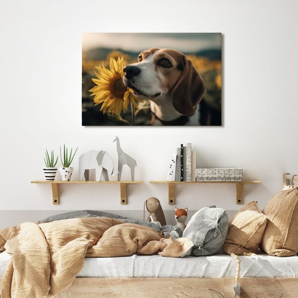 Quadro su tela – Cane e girasoli nel campo