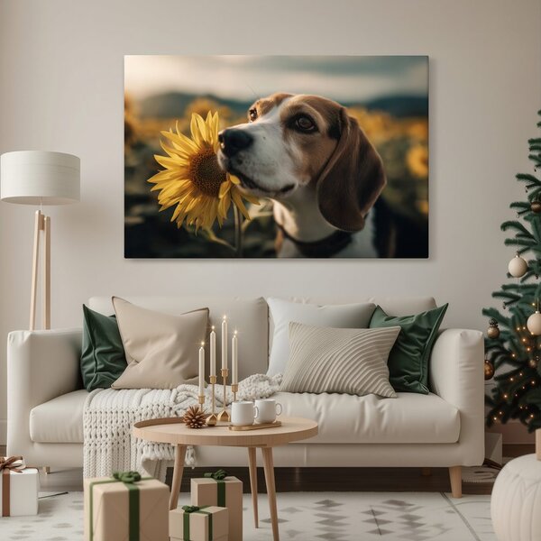Quadro su tela – Cane e girasoli nel campo