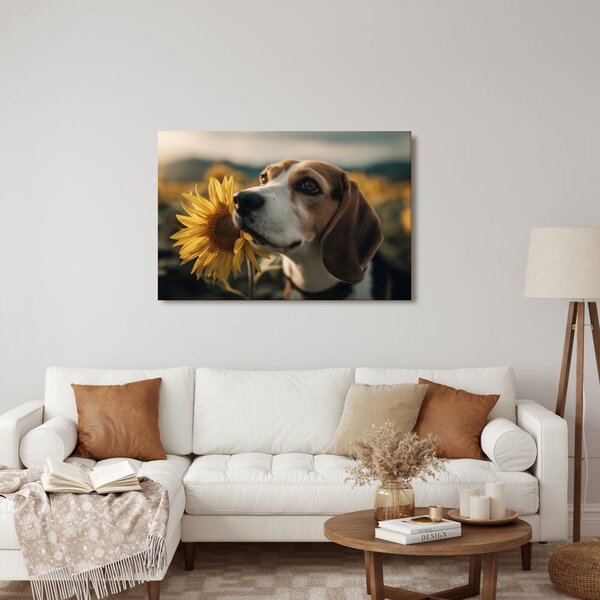 Quadro su tela – Cane e girasoli nel campo