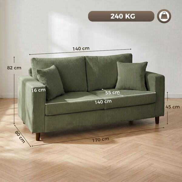 HOMCOM Divano 2 Posti in Velluto a Coste, Seduta Ampia e Profonda, Braccioli Larghi, per Soggiorno, 170x80x82cm, Verde | Aosom Italy
