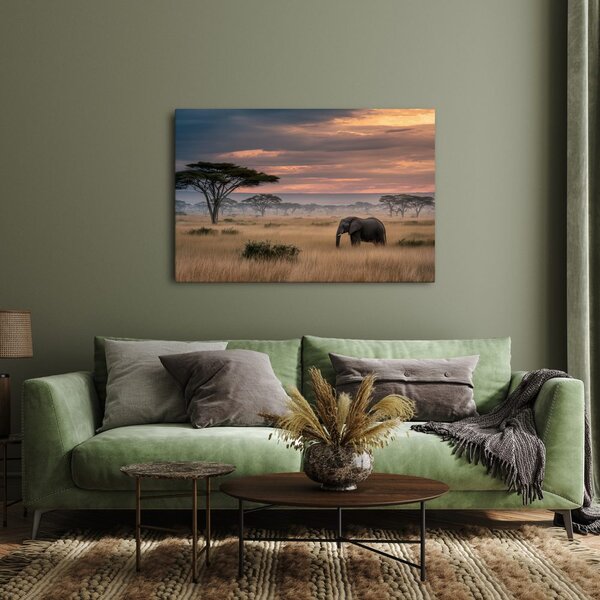 Quadro su tela – Tramonto africano con fauna selvatica