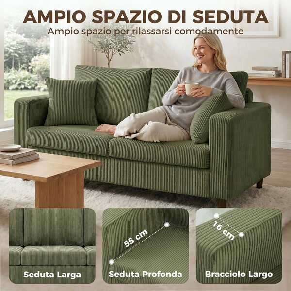 HOMCOM Divano 2 Posti in Velluto a Coste, Seduta Ampia e Profonda, Braccioli Larghi, per Soggiorno, 170x80x82cm, Verde | Aosom Italy