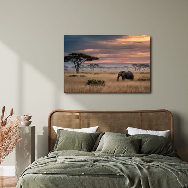 Quadro su tela – Tramonto africano con fauna selvatica