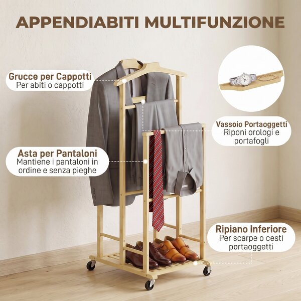 HOMCOM Appendiabiti da terra in bambù con ruote, barre e ripiano, rovere | Aosom Italy