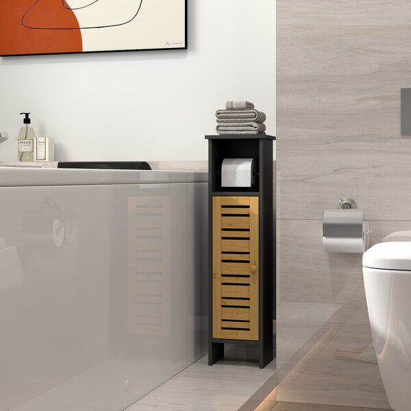 HOMCOM Mobile da bagno in bambù a 3 livelli con portarotolo, 78 cm, nero | Aosom Italy
