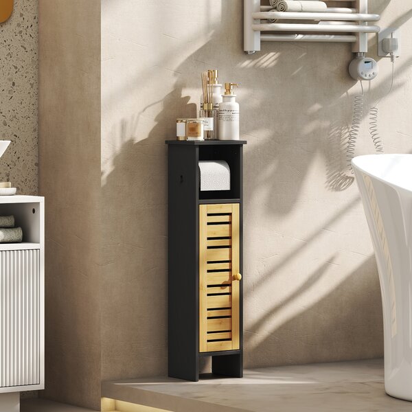 HOMCOM Mobile da bagno in bambù a 3 livelli con portarotolo, 78 cm, nero | Aosom Italy
