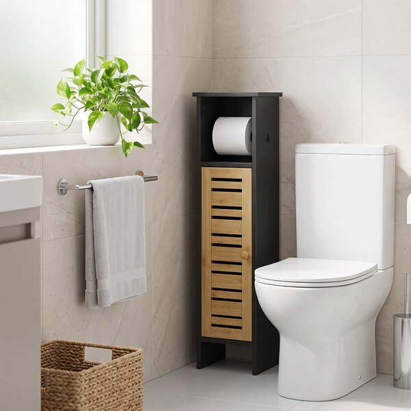 HOMCOM Mobile da bagno in bambù a 3 livelli con portarotolo, 78 cm, nero | Aosom Italy