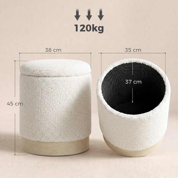 HOMCOM Pouf contenitore rotondo in sherpa con base effetto legno, 38 cm, crema | Aosom Italy