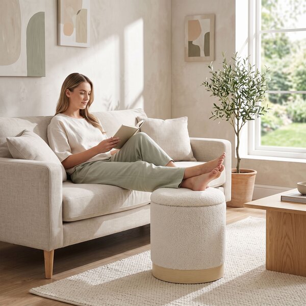 HOMCOM Pouf contenitore rotondo in sherpa con base effetto legno, 38 cm, crema | Aosom Italy