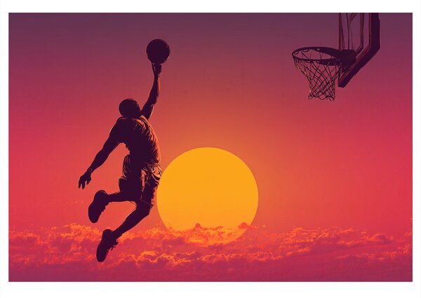 Quadro su tela – Giocatore di basket al tramonto dorato