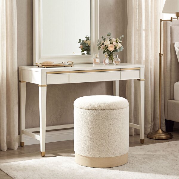 HOMCOM Pouf contenitore rotondo in sherpa con base effetto legno, 38 cm, crema | Aosom Italy