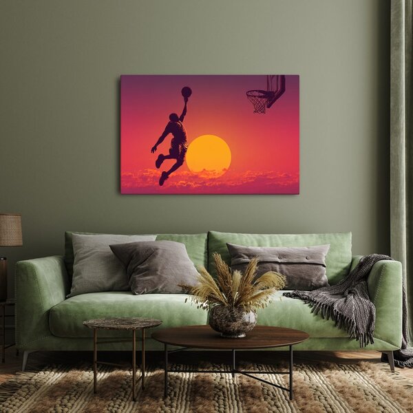 Quadro su tela – Giocatore di basket al tramonto dorato