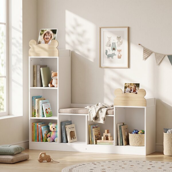 AIYAPLAY Libreria 3 in 1 per bambini con panca, 6 scomparti e cuscino, bianco | Aosom Italy