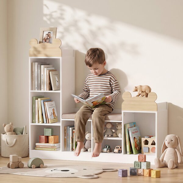 AIYAPLAY Libreria 3 in 1 per bambini con panca, 6 scomparti e cuscino, bianco | Aosom Italy