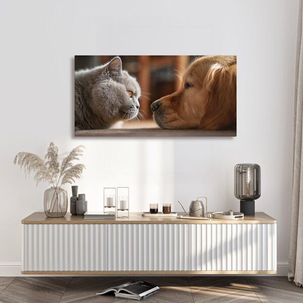 Quadro su tela – Incontro sereno tra gatto e cane