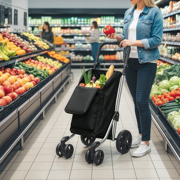 HOMCOM Carrello spesa pieghevole da 46 L con vano refrigerato, nero | Aosom Italy