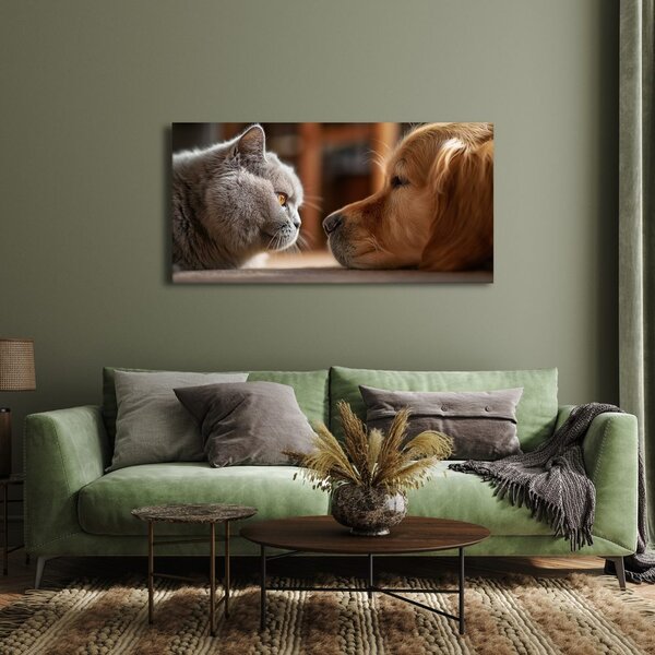 Quadro su tela – Incontro sereno tra gatto e cane