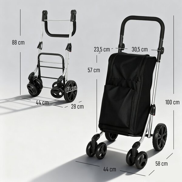 HOMCOM Carrello spesa pieghevole da 46 L con vano refrigerato, nero | Aosom Italy