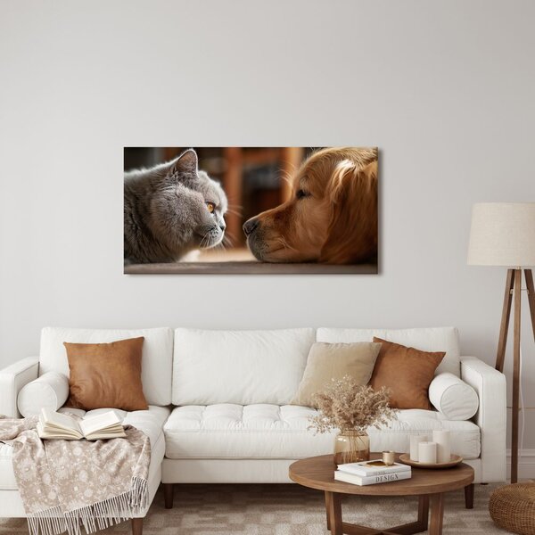 Quadro su tela – Incontro sereno tra gatto e cane