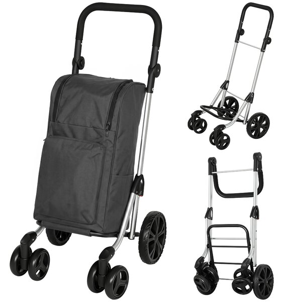 HOMCOM Carrello spesa pieghevole da 46 L con vano refrigerato, grigio scuro | Aosom Italy