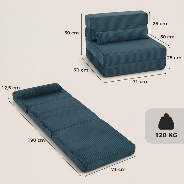 HOMCOM Poltrona letto 3 in 1 pieghevole in velluto a coste con tasche e cuscino, blu | Aosom Italy