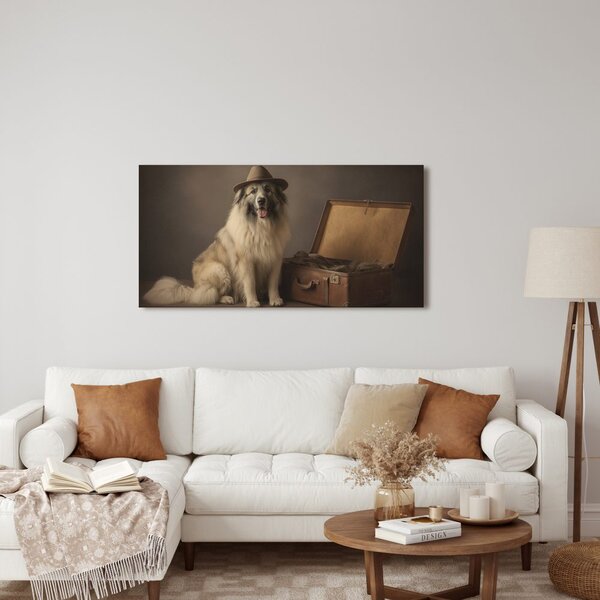 Quadro su tela – Cane viaggiatore con cappello