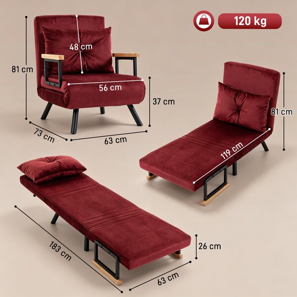 HOMCOM Poltrona Letto Imbottita 3 in 1 con Schienale Reclinabile in 5 Posizioni e Cuscino, 63x73x81 cm, Rosso Vino | Aosom Italy